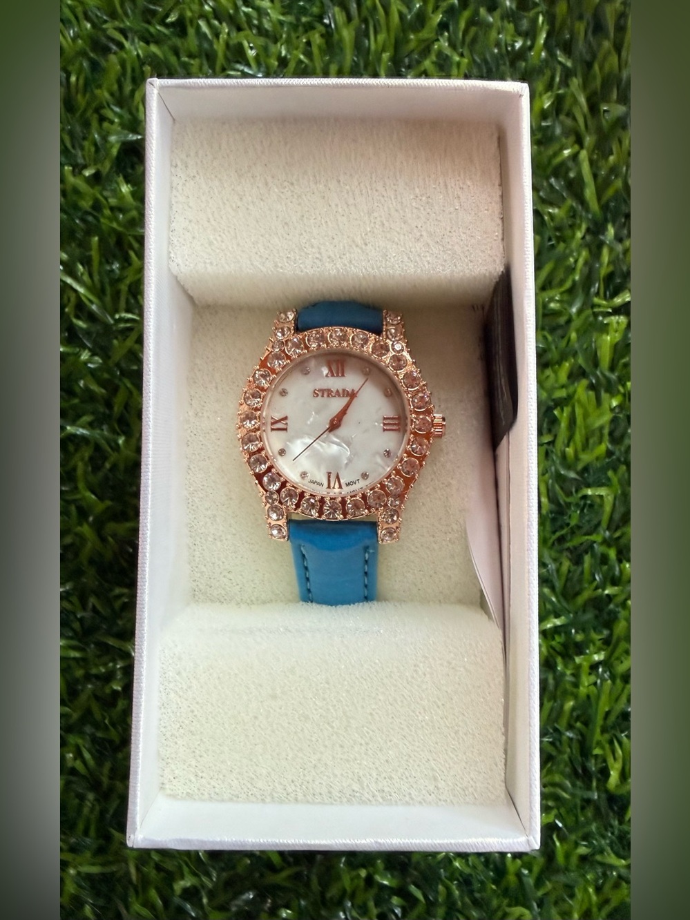 Strada Japanese Rose Gold Australian Crystal Movement Watch Blue Strap